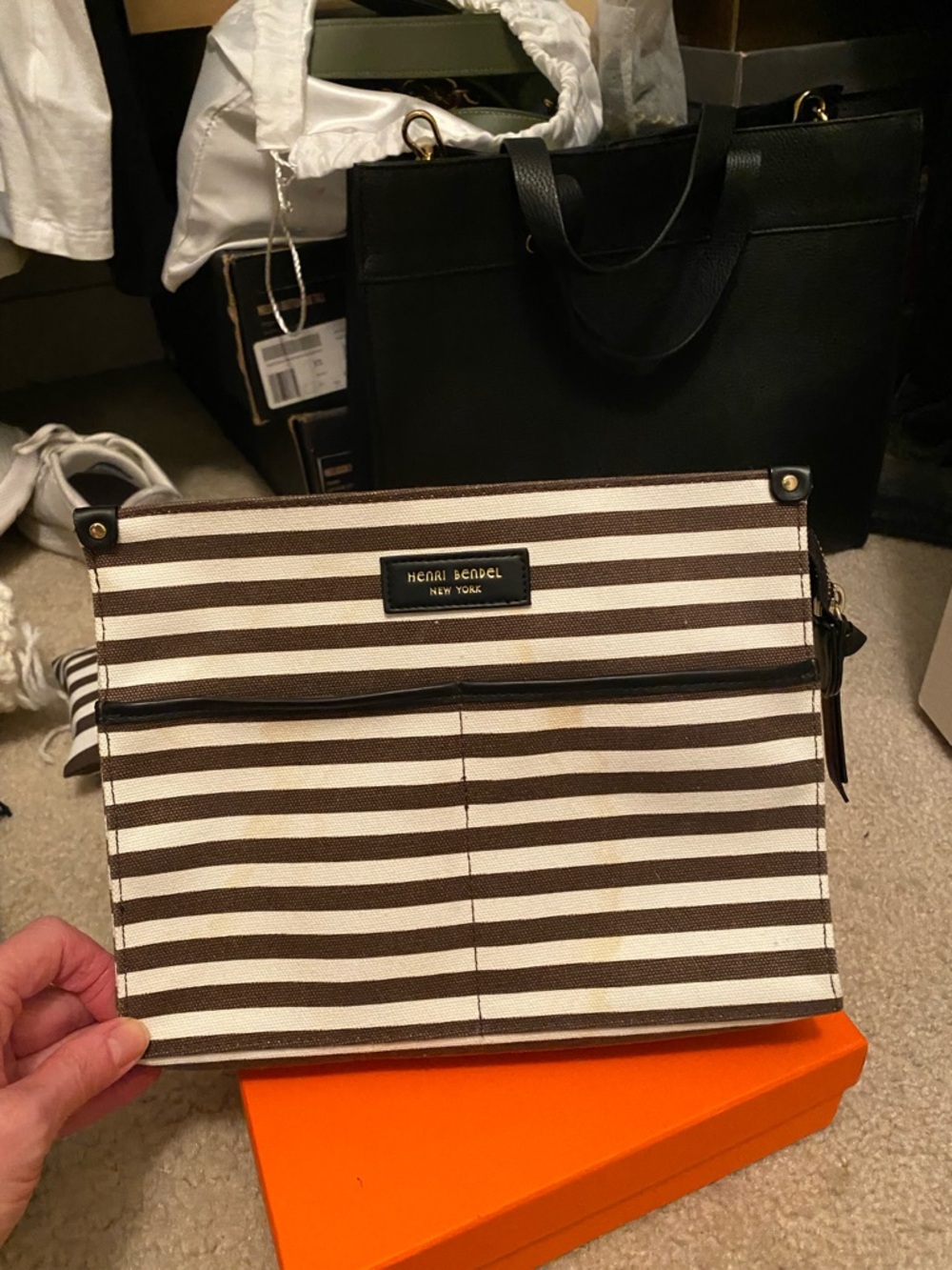 Vintage henri bendel Brown and Cream Striped canvas Toiletry Pouch